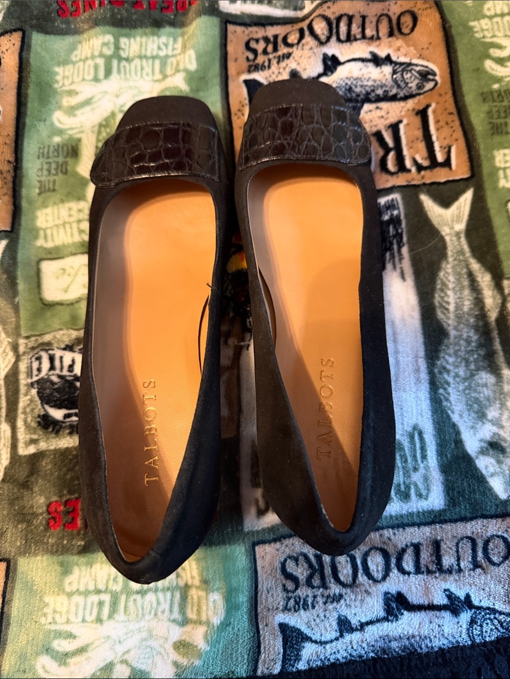 Talbots Black Suede Croc-Trim Square-Toe Flats